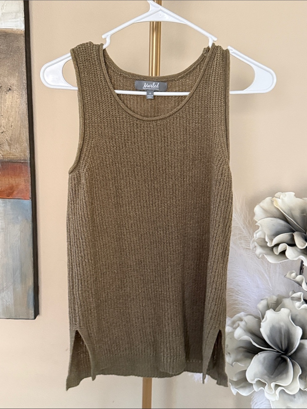 Marled Olive Knit Sleeveless Tank with Side Slits